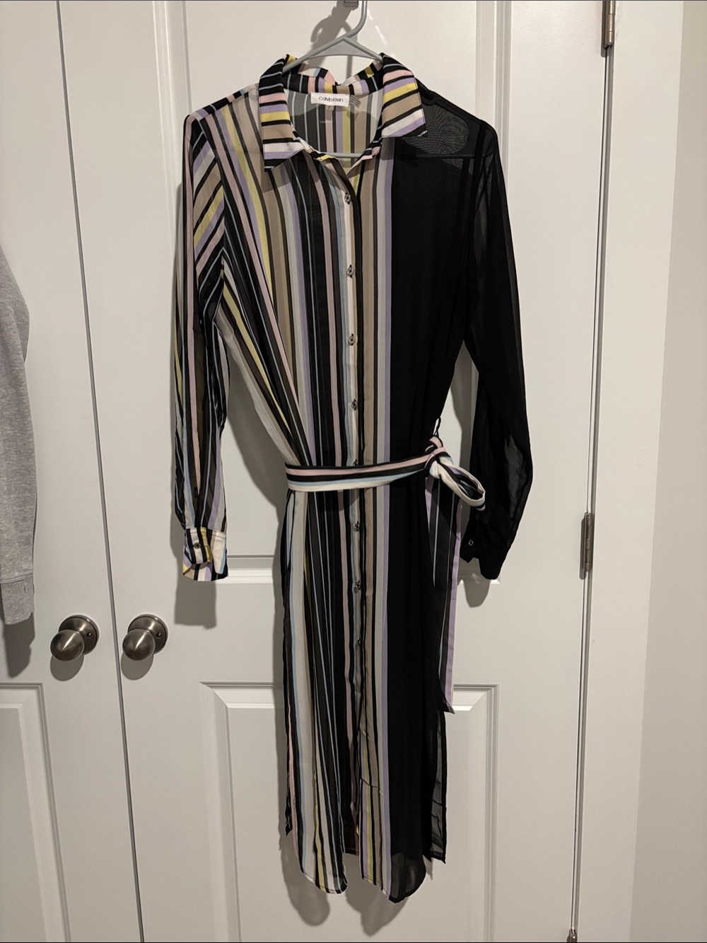 Calvin Klein Sheer Black Tunic with Pastel Stripes